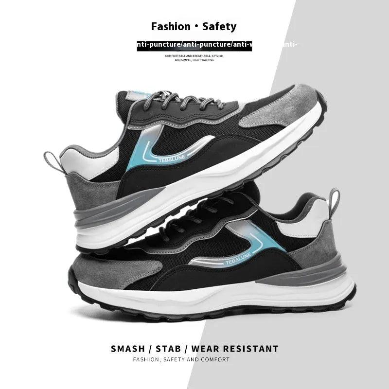 Men's low-top work shoes with plastic steel toe cap in suede and mesh construction, Four Seasons colour