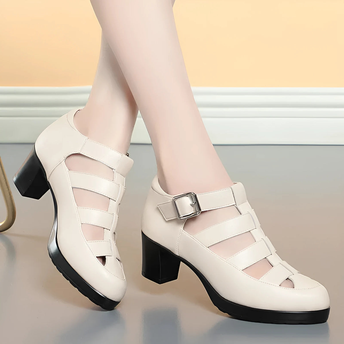 Women's beige closed toe sandals with chunky heel, woven pattern, and ankle-strap buckle
