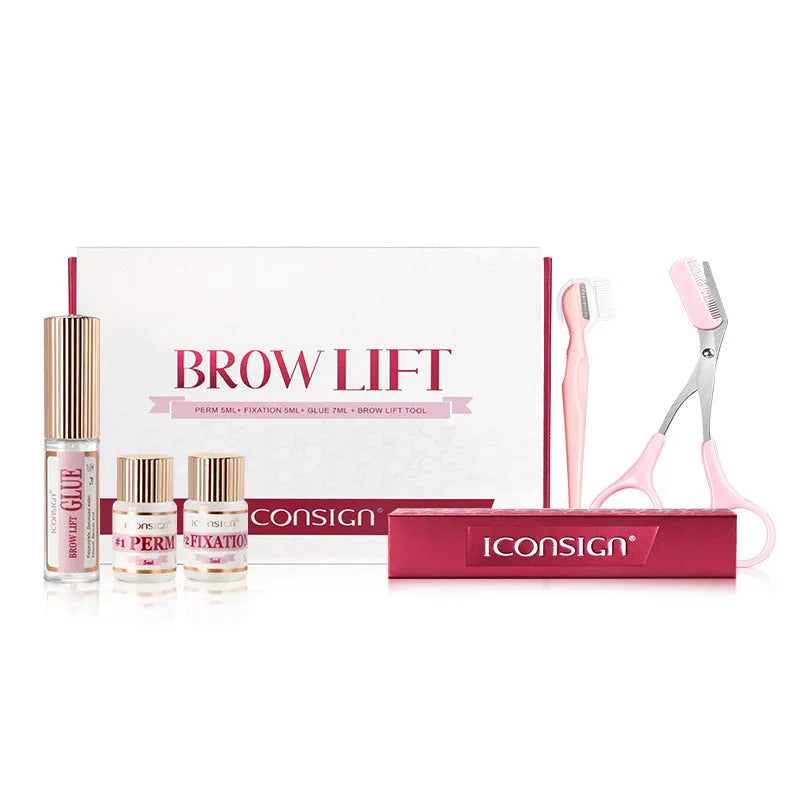 Pink eyebrow quick ironing perm kit with complete eyebrow styling tools and application implements