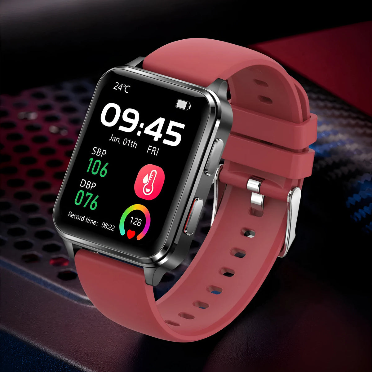 Multi-sport smart watch with tempered glass screen showing health metrics, on a silicone wristband.