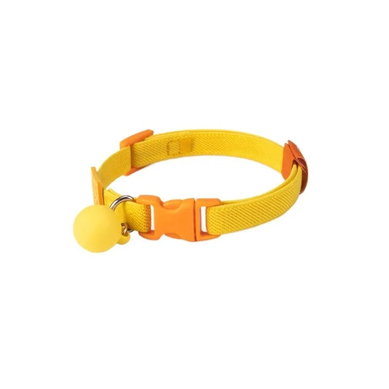 Small dog high elasticity polyester decorative collar shown in yellow, pink, sky blue, purple, brown, dark blue, and dark green colours.