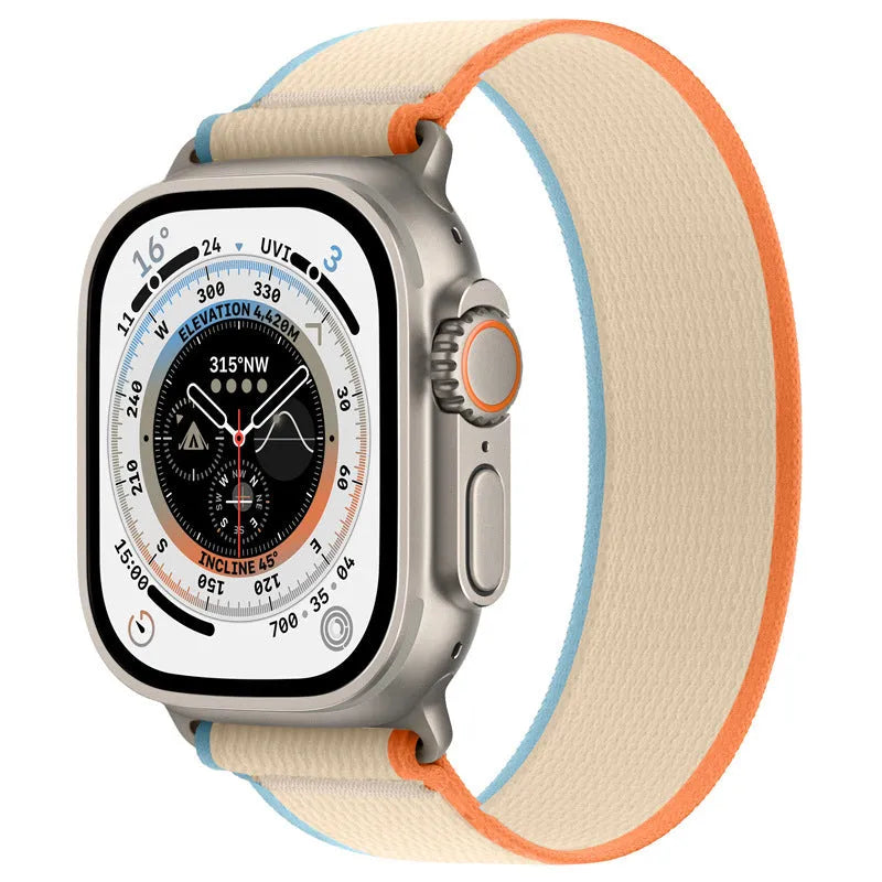 Integrated single-ring nylon Apple Watch strap shown in multiple colour options on a watch.