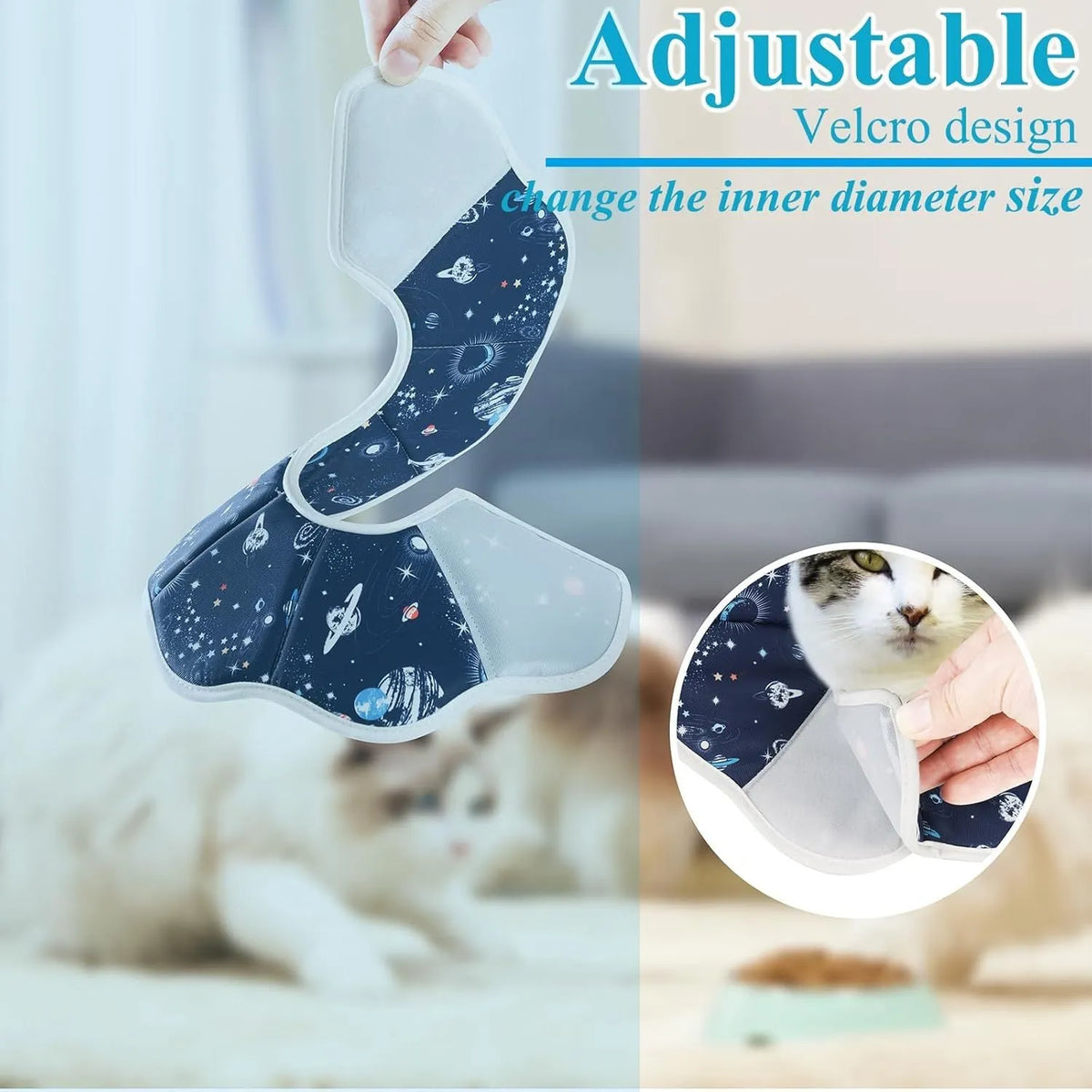 Soft adjustable fabric cat recovery collar cone in Constellation colour for post-surgery protection