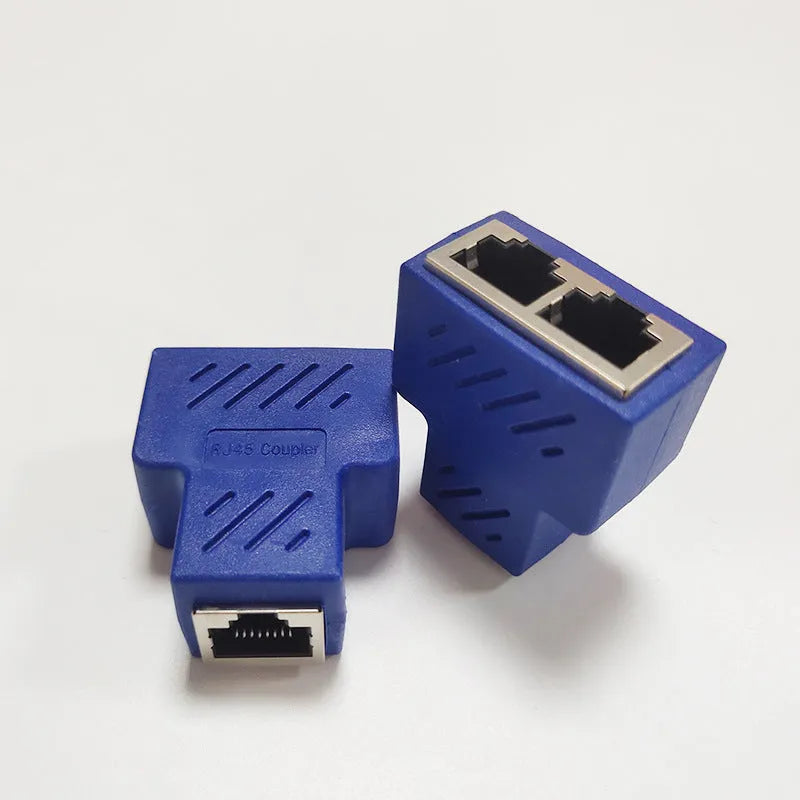 RJ45 network cable splitter adapter showing one input and two output ports in multiple colour options