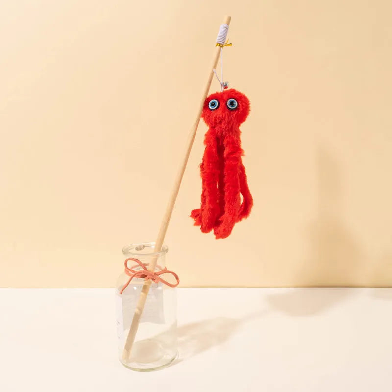 Furry octopus cat toy on 40cm long stick for indoor kitten play in bright colours