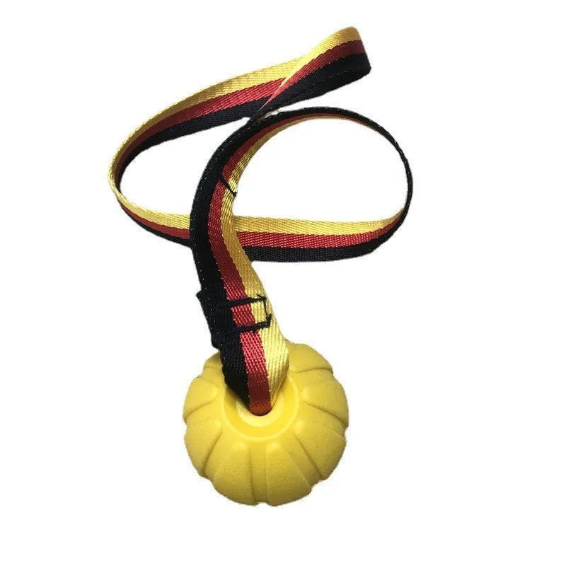 Yellow and camouflage coloured EVA floating dog chew balls in three different sizes on a blue background.