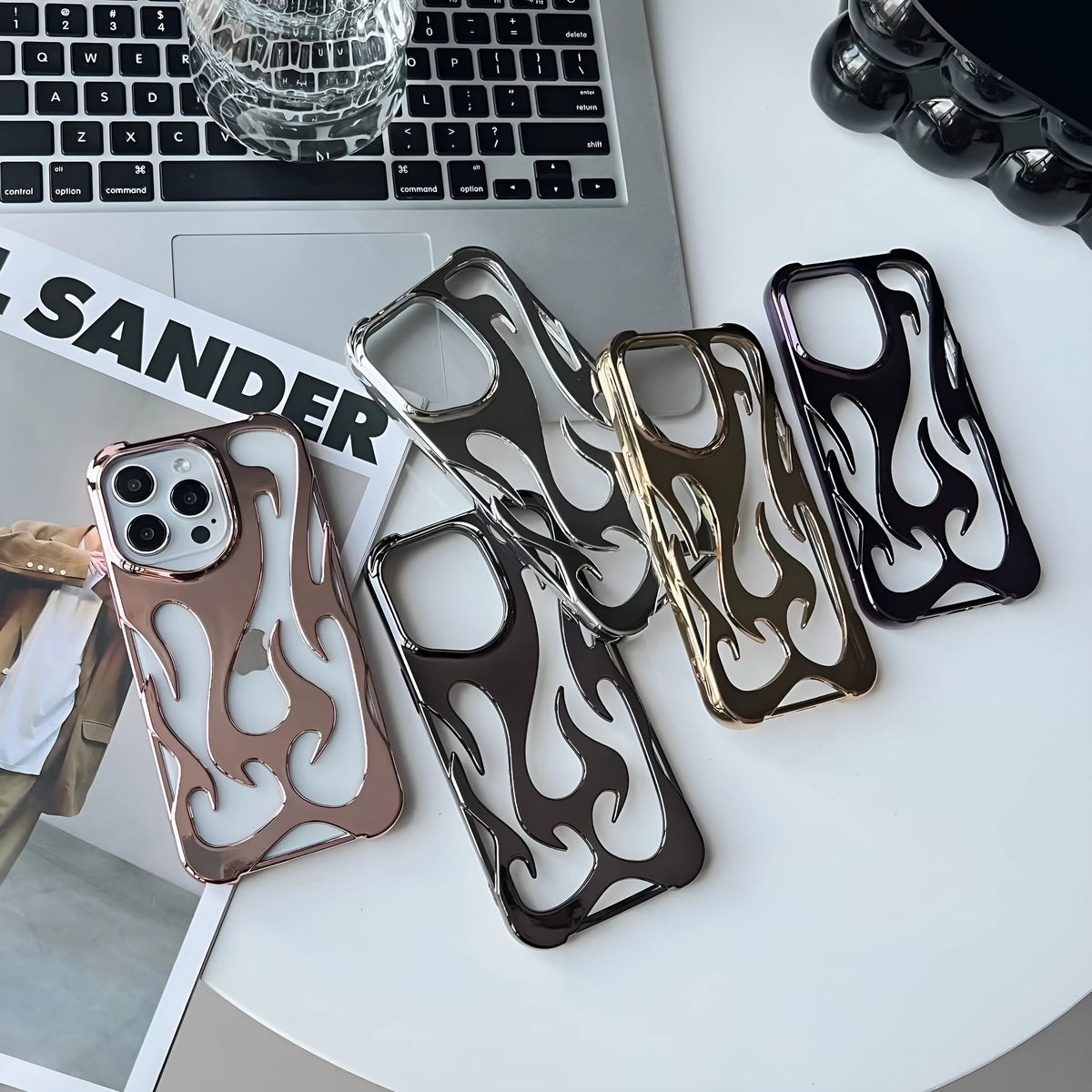 Electroplating hollow flame pattern iPhone case in metallic finish with TPU soft shell protection