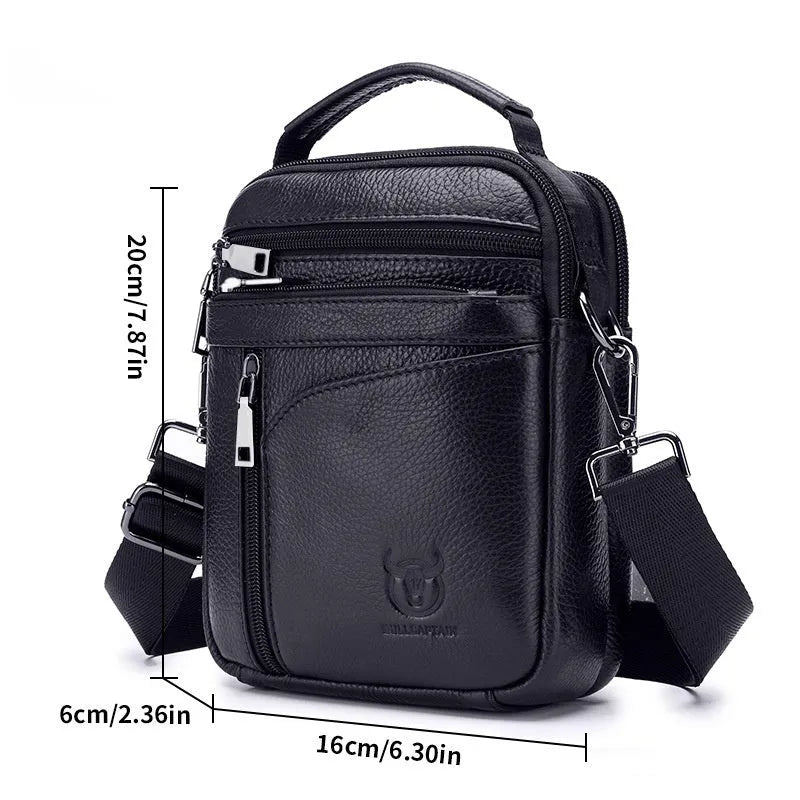 Black genuine leather men's shoulder messenger bag with retro styling for business and travel
