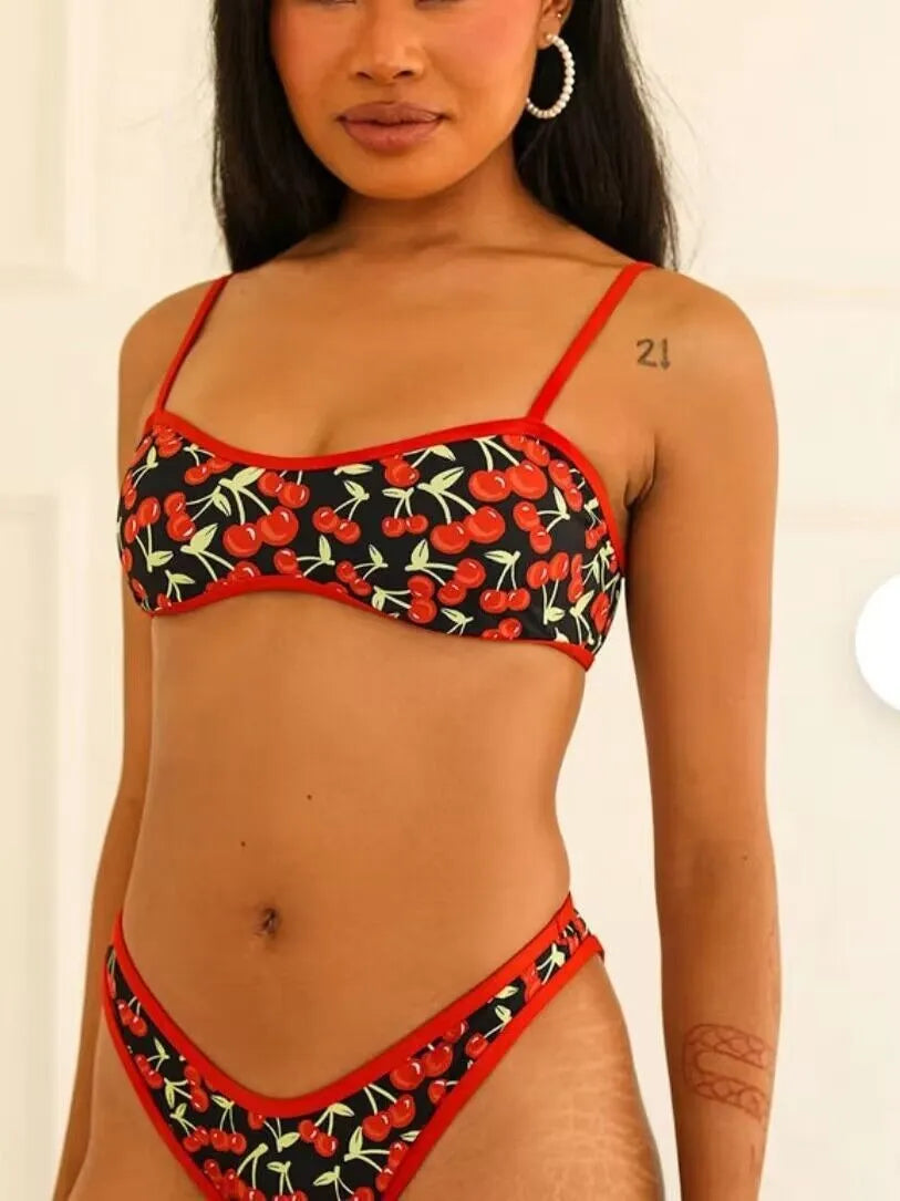 Women's cherry print floral pattern tube top bikini swimsuit in polyester fabric