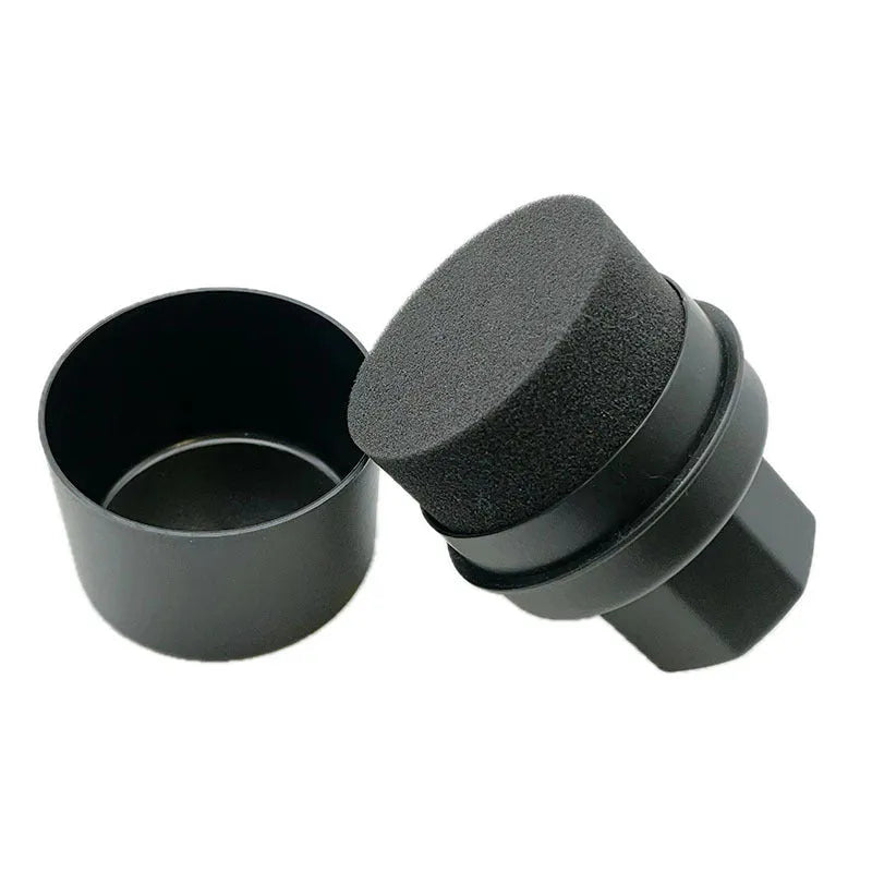 Car tyre polishing sponge brush with lid showing 85x120mm dimensions and four colour-hardness sponge options