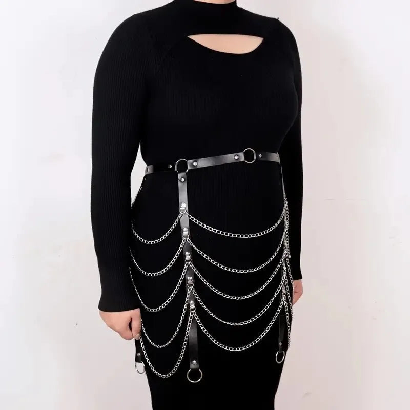 Black PU leather bandage style waist chain with silver metal links for adult female fashion.
