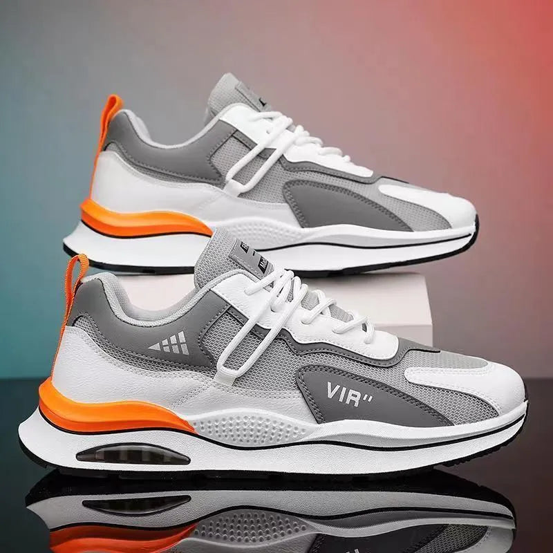 Men's grey mesh casual shoes with round toe and mid-top height design