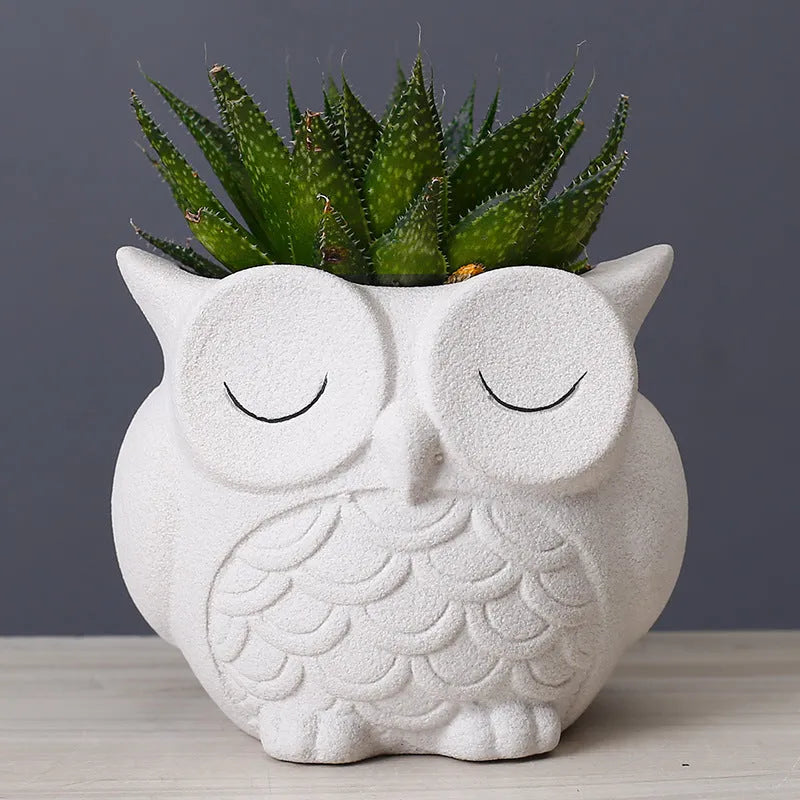 Handmade frosted ceramic owl succulent pot in light pink, white, green, or blue.