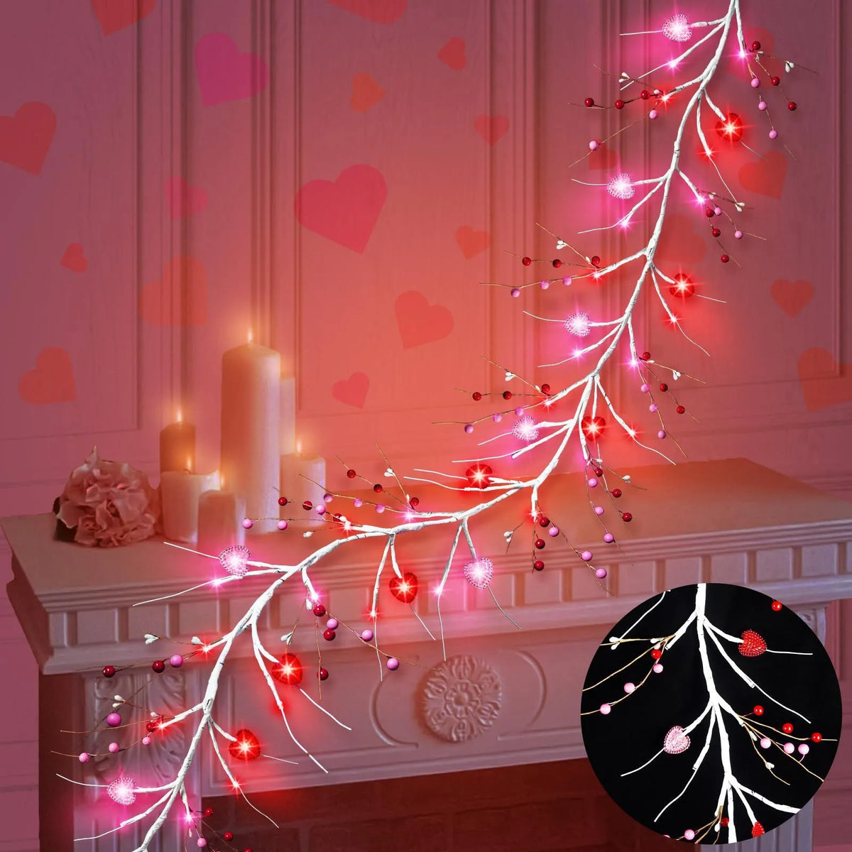 1.8m pink heart shaped rattan string lights with 48 LED lights, battery powered and IP44 rated