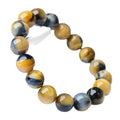 A geometric agate fantasy tigereye bracelet with round beads, shown in unisex styling.