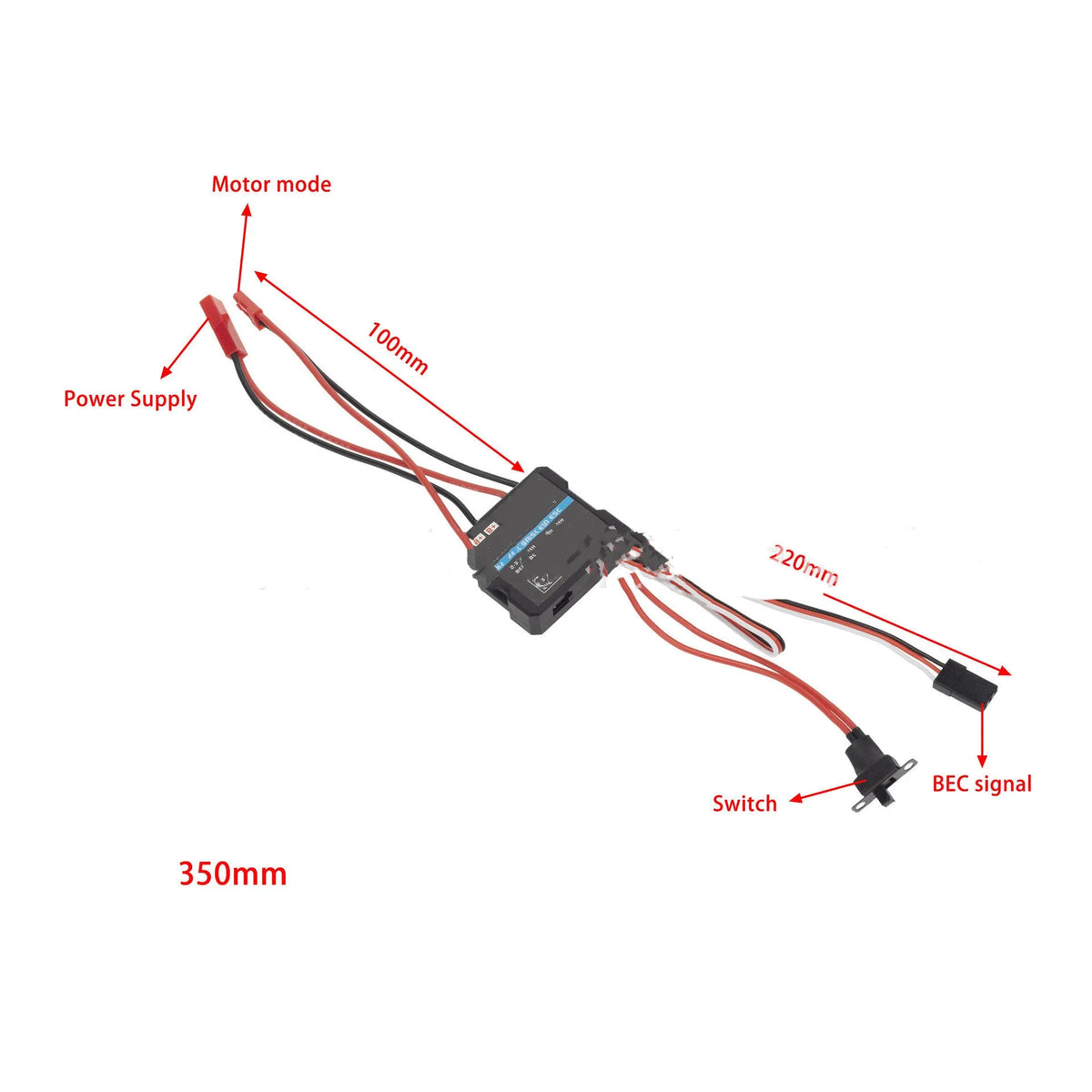Small 40A brushed electronic speed controller for 1/16 and 1/18 scale RC cars and trucks.
