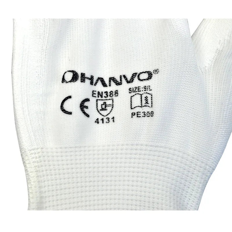 White PU coated labour gloves showing flexible construction and extended 24cm wrist coverage
