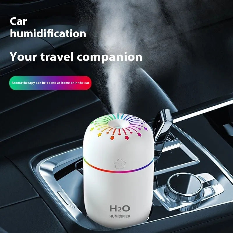 Small white USB humidifier with 300ml tank on desk next to laptop