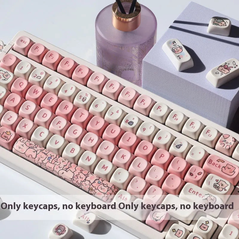 Pink PBT key caps with fragrant pig design for mechanical keyboards with key cap puller