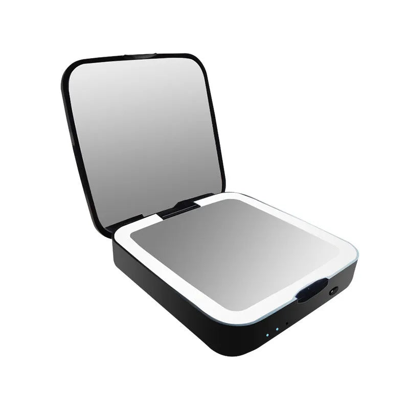 Black and white makeup mirror with 4x magnification and HD mirrors, featuring adjustable warm and cold lighting
