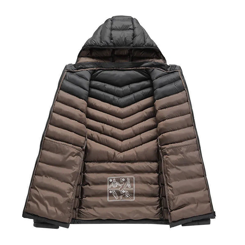 Men's lightweight down jacket with hood and detachable collar in black colour with zippered pockets