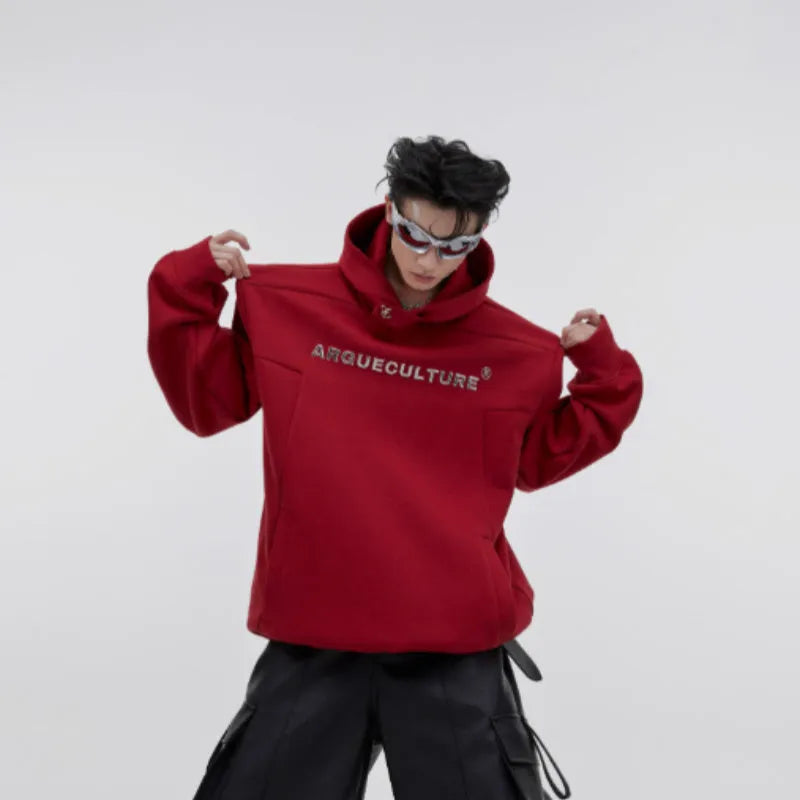Men's loose fit hooded sweater with three-dimensional metal printing and heavy shoulder pads in red colour