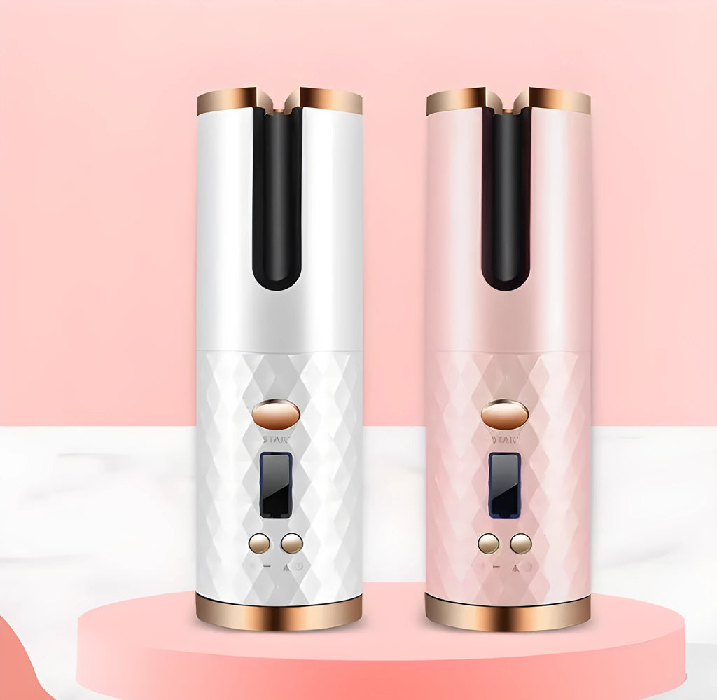 White automatic wireless USB charging curling iron with gold ceramic barrel
