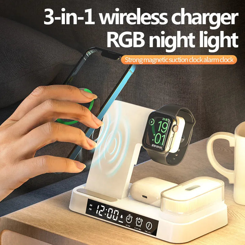 White 4-in-1 multifunction wireless charging station with foldable stand, alarm clock display, and RGB night light.