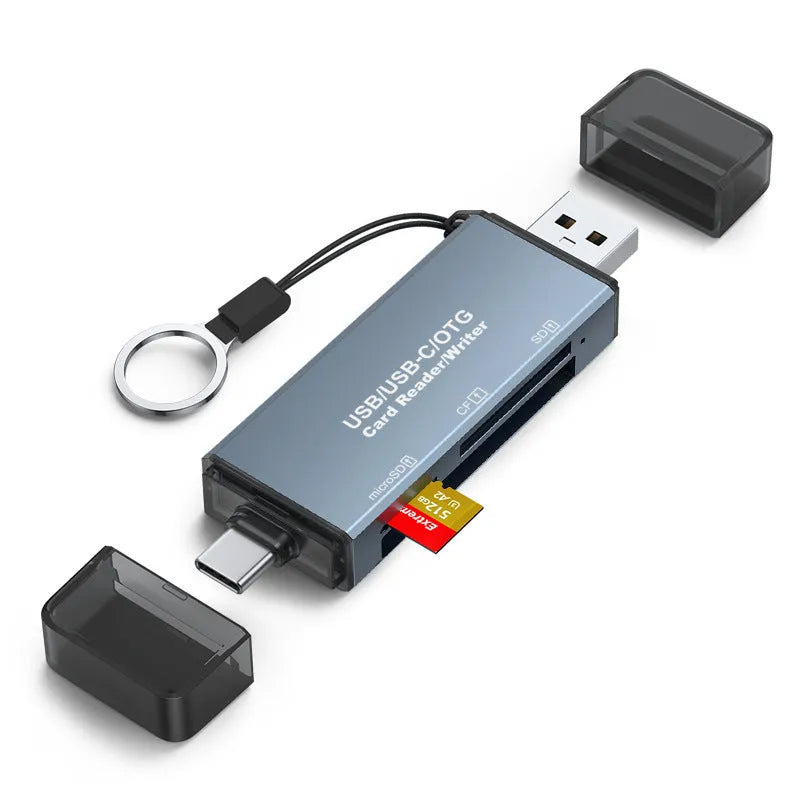 Compact aluminium alloy three-in-one memory card reader for CF, SD, and TF cards with USB and TYPE-C ports.