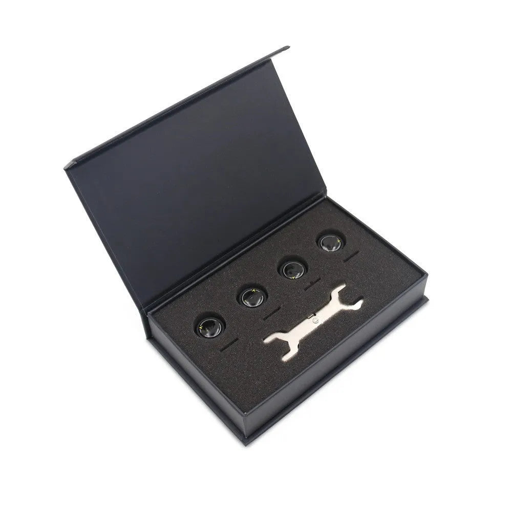 Bluetooth 5.0 automotive tyre pressure monitoring system with four external sensors, wrench, and anti-theft screws