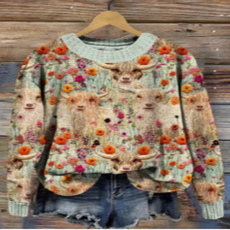 Women's grey round neck sweater with a small white digital flower print pattern.