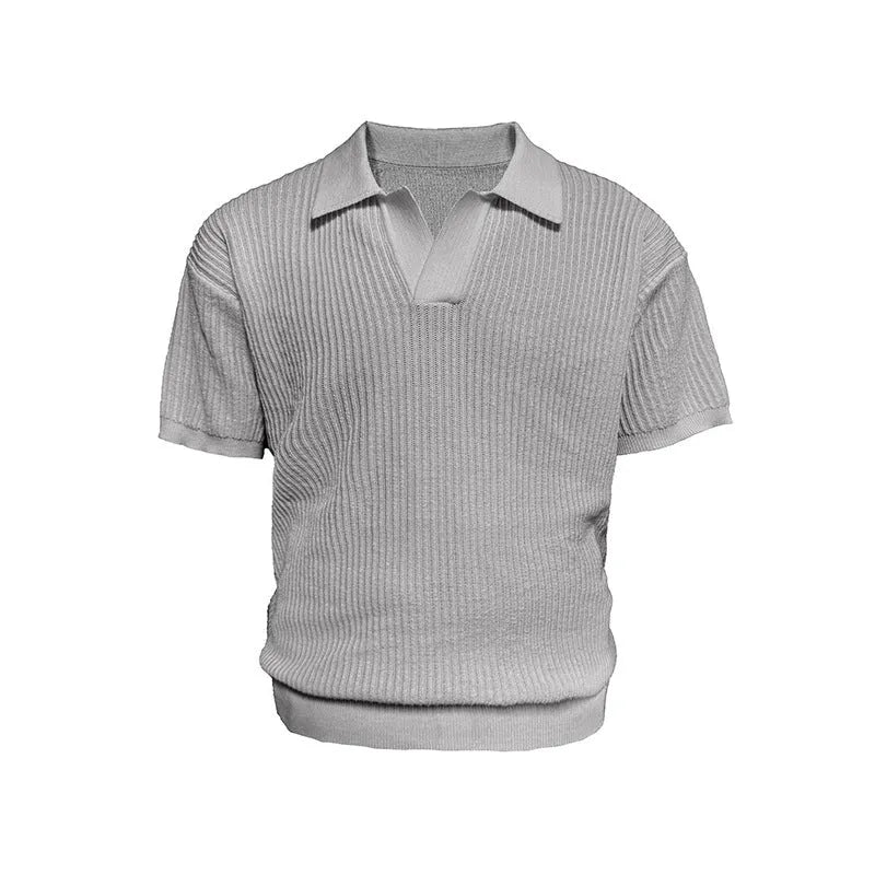 Men's loose-fit ice silk polo shirt with striped collar in grey