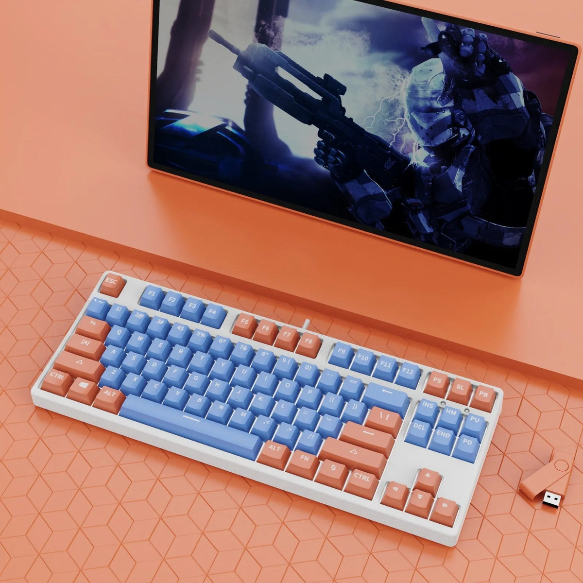 87-key wired mechanical keyboard with hot-swappable sockets in a dual-colour design
