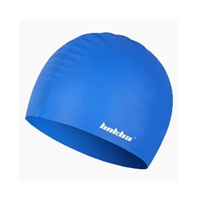 Silicone swimming cap with earmuffs in one of five colours: black, white, yellow, blue, or grey.