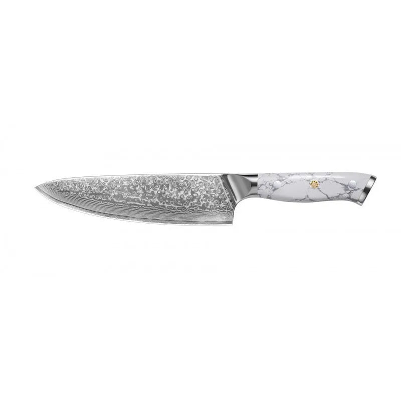 Damascus VG10 steel chef's knife with 21cm blade combining eight cutting functions
