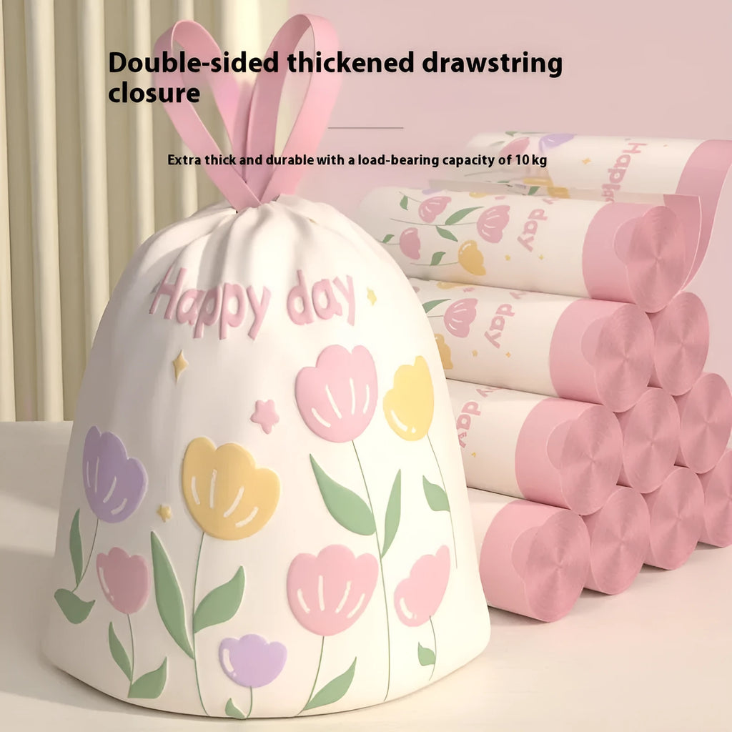 Pink degradable household garbage bags with drawstring closure and mosquito repellent properties