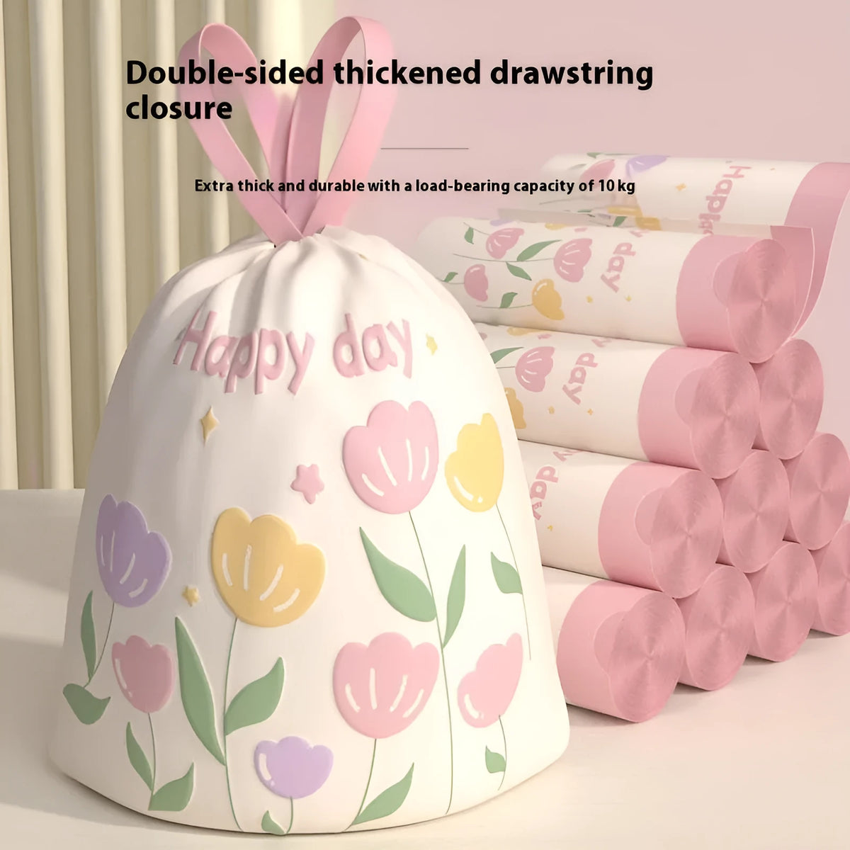 Pink degradable household garbage bags with drawstring closure and mosquito repellent properties