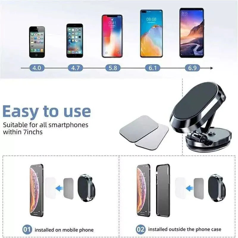 Chrome finish magnetic car phone holder with folded and extended positions showing adjustable head