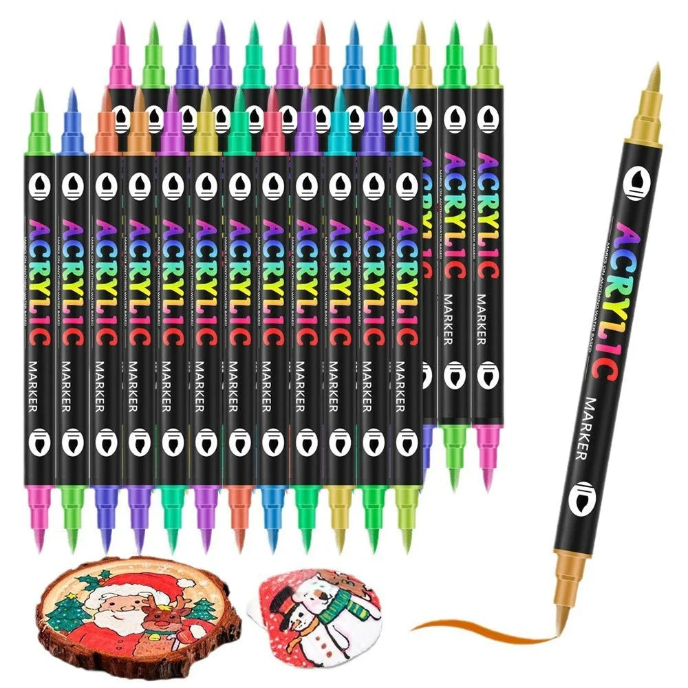 Set of washable double-headed acrylic marker pens with quick-drying opaque colours in plastic casing