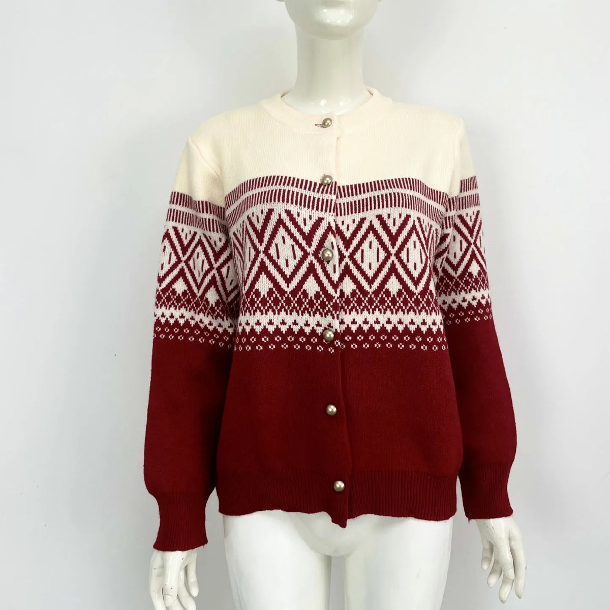 Women's alpaca wool cardigan with diamond knit pattern in contrast red, grey, or pink colours