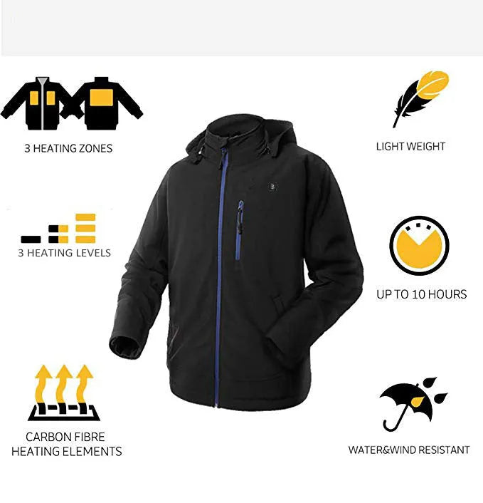 Black men's USB heated waterproof winter coat showing zipper pockets and long sleeve straight hem design