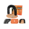 Arched plastic cat grooming scratcher with built-in brush bristles