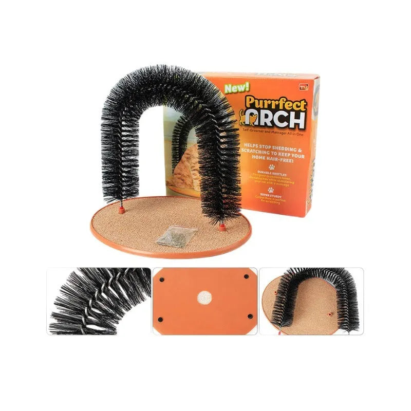 Arched plastic cat grooming scratcher with built-in brush bristles