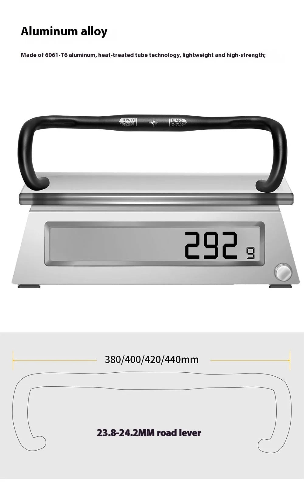 UNO black aluminium alloy road bike drop handlebar showing small bend and printing mark on clamp.
