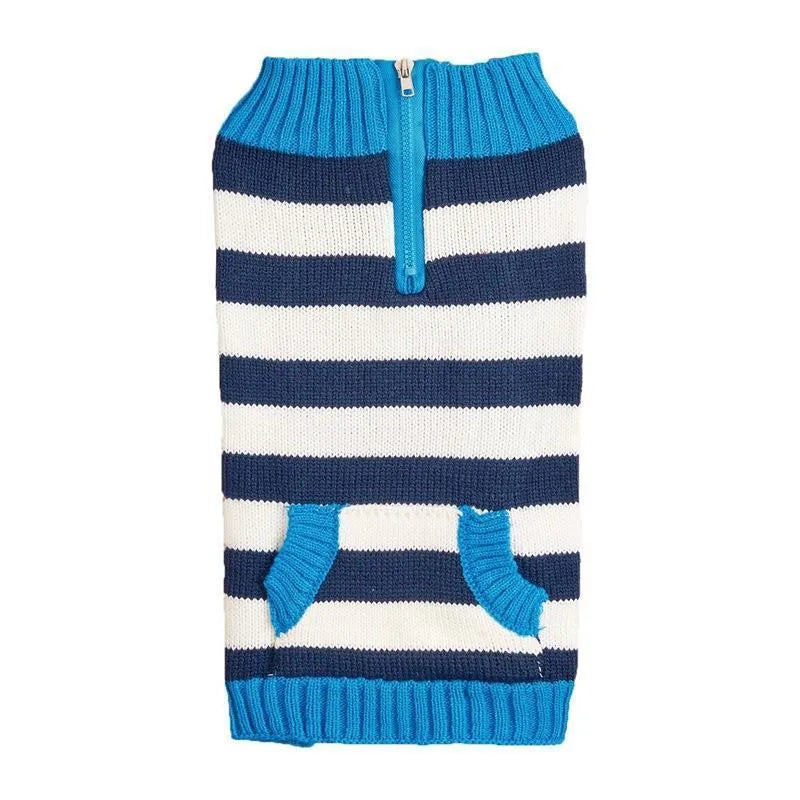 Grey dog sweater with horizontal zipper and button pocket for small to medium sized dogs