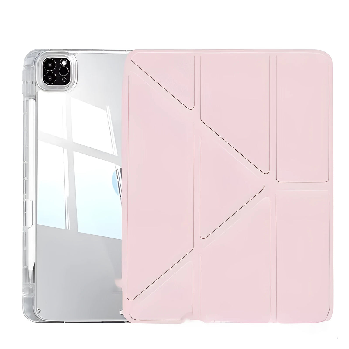 Transparent acrylic iPad protective cover with a folded-out stand in Light Purple colour.