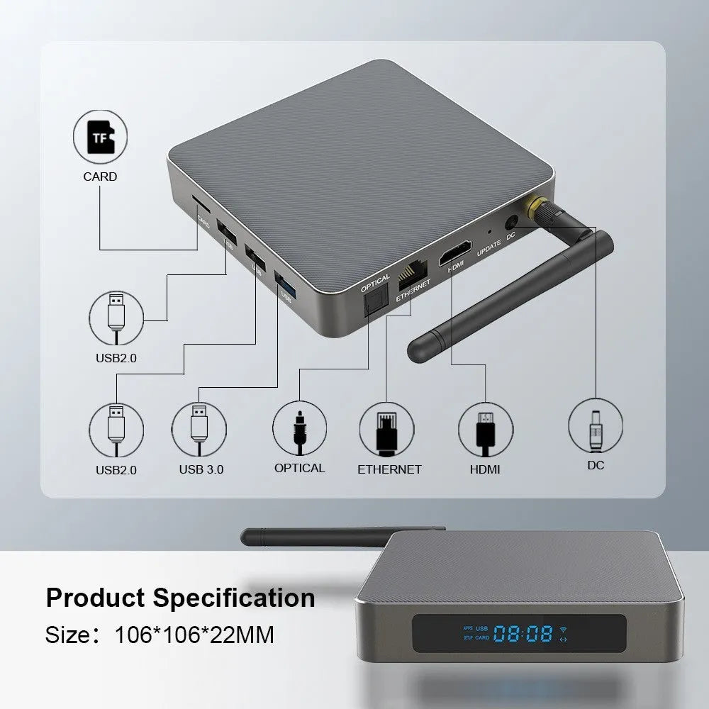 Android 8K set-top box with RK3566 processor measuring 105mm x 105mm x 20mm