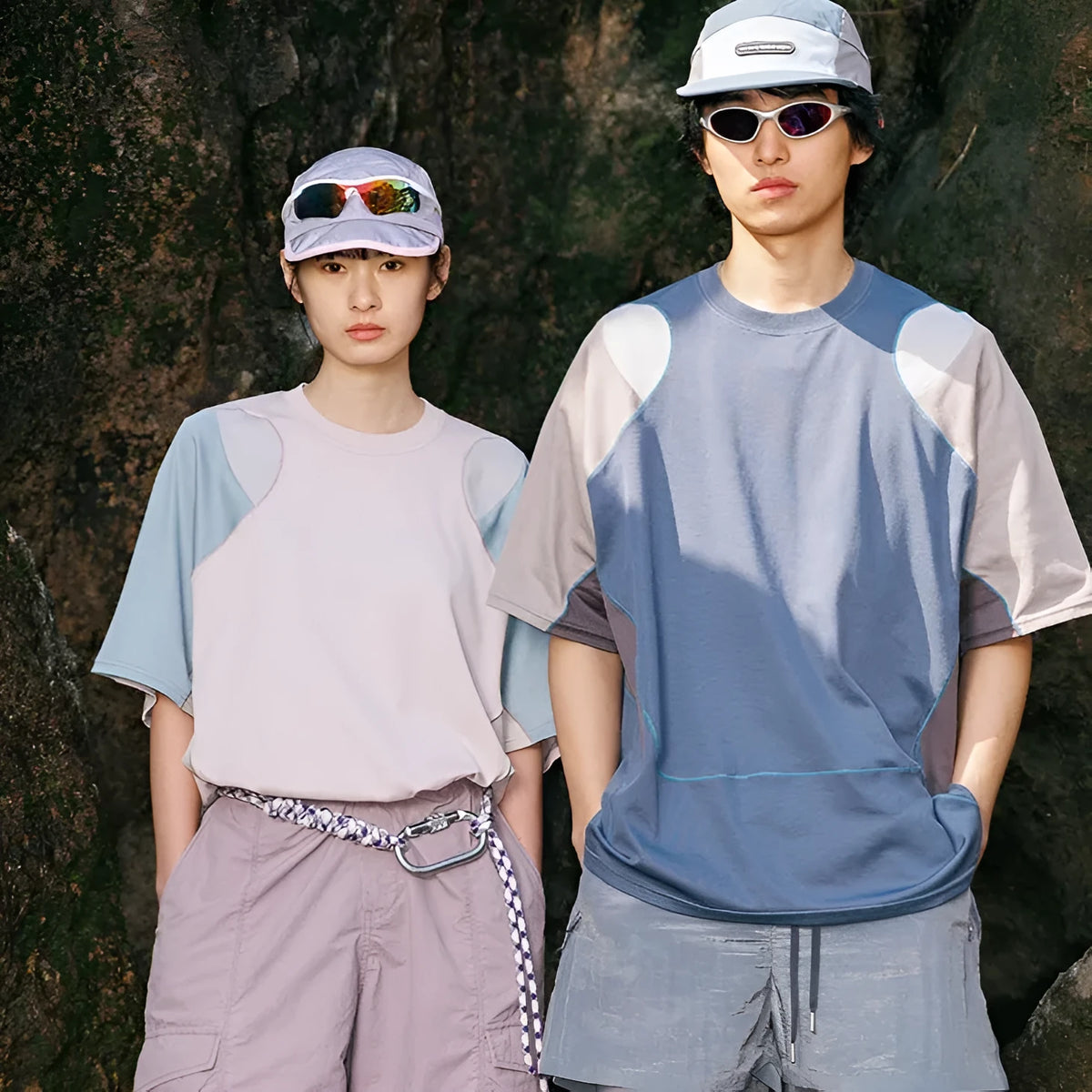 Men's loose blue patchwork t-shirt with contrast colour design and short sleeves.