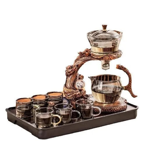 Glass automatic tea set with green gray walnut base, Dragon Xiao nine days design, bowl and fair cup