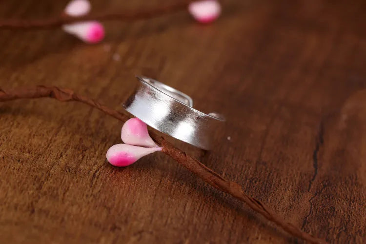 Korean frosted sterling silver open ring with geometric shape and adjustable opening